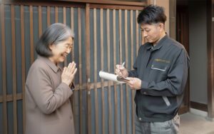 中部ヤマトサービスのスタッフが笑顔の高齢女性に丁寧に対応している様子。見積書を作成し、安心と信頼の不用品回収サービスを提供。