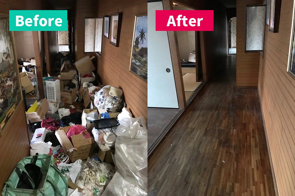 名古屋市南区の空き家で実施した遺品整理のBefore／After比較。Beforeは廊下に大量の段ボールや衣類、雑多な不用品が散乱している状態。Afterではすべて片付けられ、床が見える綺麗な廊下に戻っている様子。