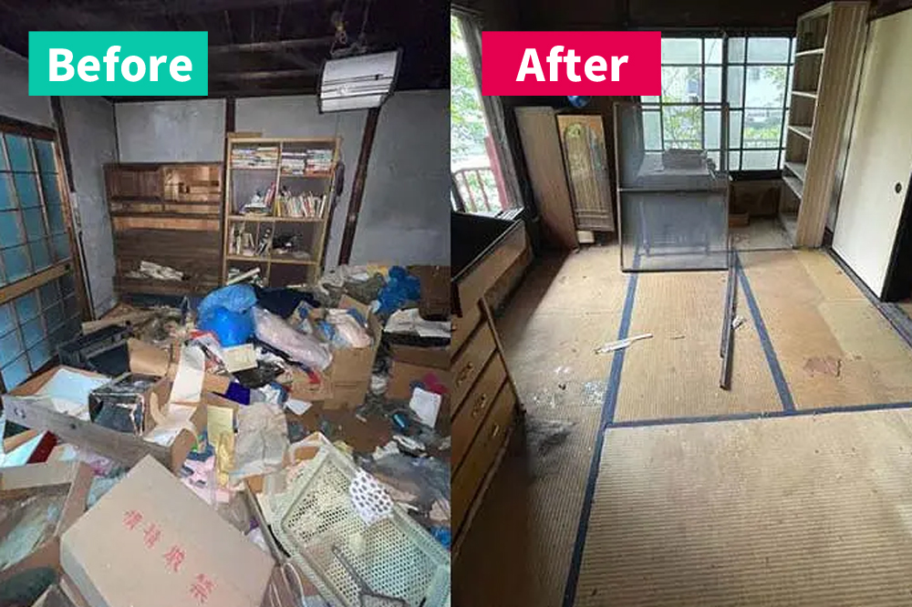 ビフォー写真では、和室の床が紙類や段ボール、袋など大量の不用品で埋まり歩くスペースがない状態。アフター写真では不用品がすべて撤去され、畳が広く露出した清潔な和室へと改善されている様子が写っている比較画像。