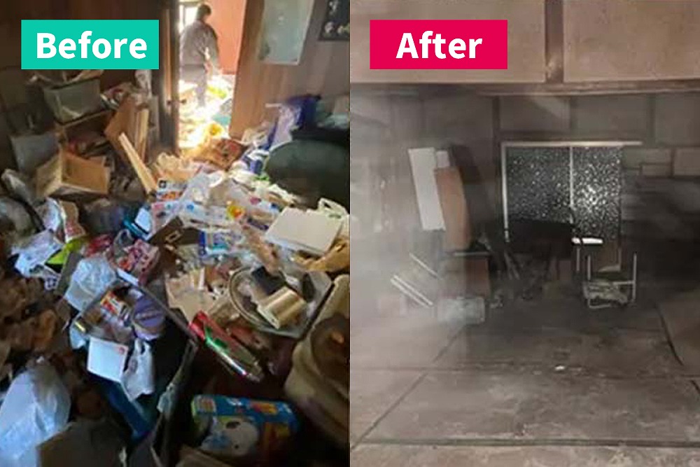 左側が作業前のゴミ屋敷で、生活ごみや不用品が床一面に散乱している様子。右側は片付け後の状態で、広い床面が見え室内が整理されているビフォーアフター比較画像。