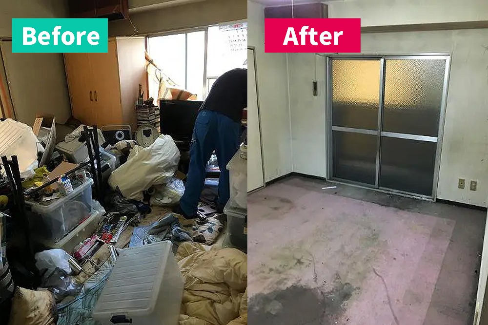 左側は床が見えないほど生活ごみや衣類、家具が散乱したゴミ屋敷の室内。右側は片付け後の状態で、床が見え広く清潔になった部屋の様子を示す比較画像。」