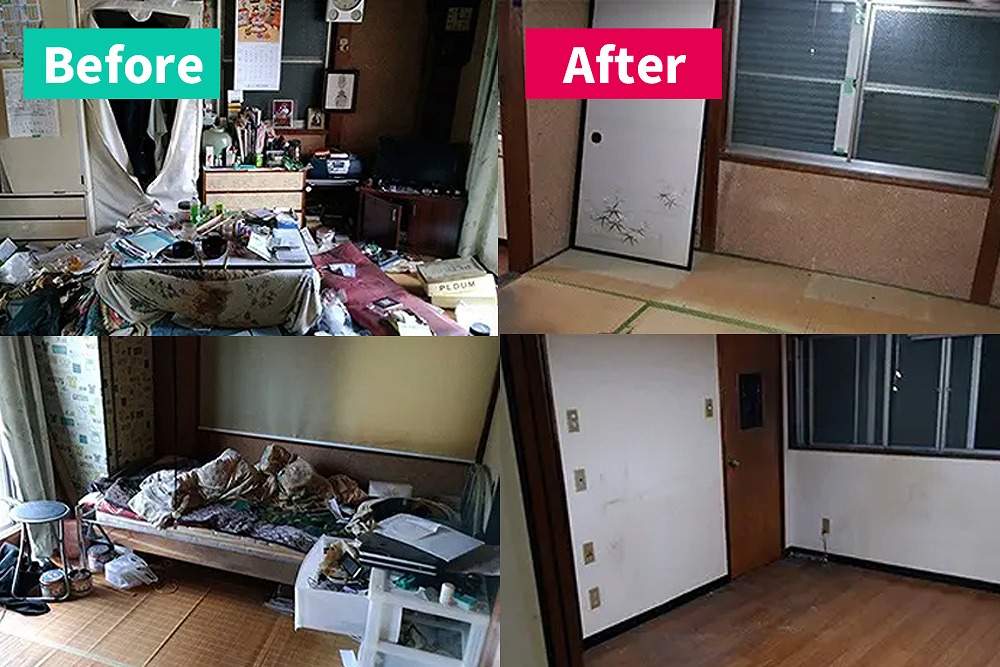名古屋市西区の不用品回収ビフォーアフター。清掃前は家具や荷物が散乱、作業後はすっきり片付いた室内。