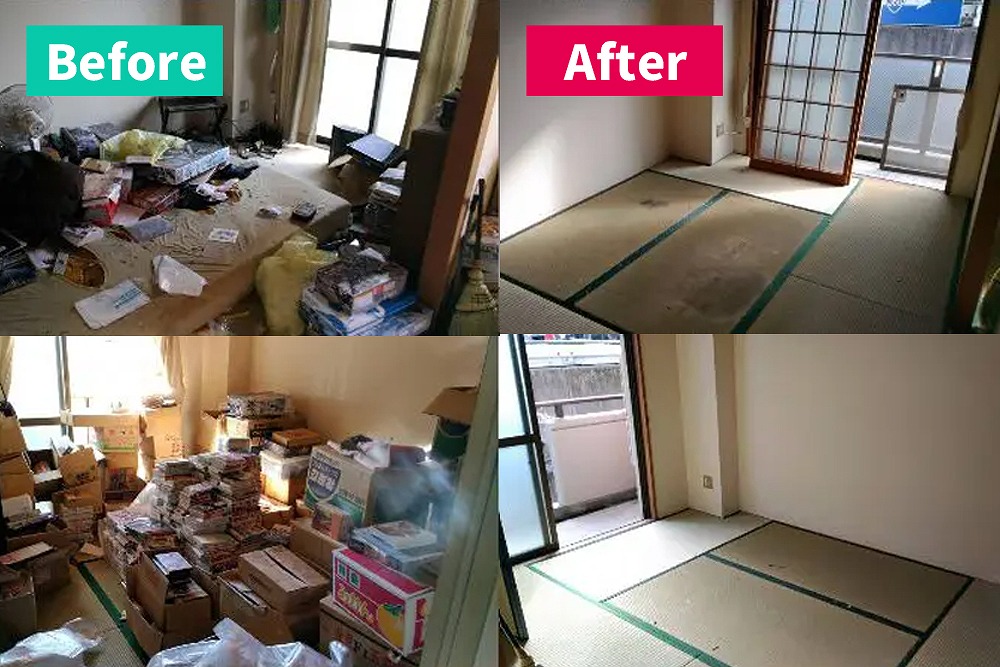 名古屋市緑区の不用品回収前の室内。雑誌や箱、生活用品が床一面に散乱している状態