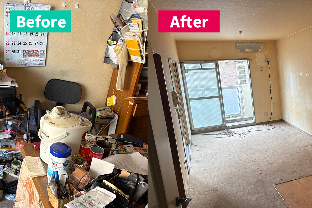 名古屋市名東区の遺品整理前の室内。生活用品や書類、日用品が積み重なり、ゴミ屋敷状態となっている様子