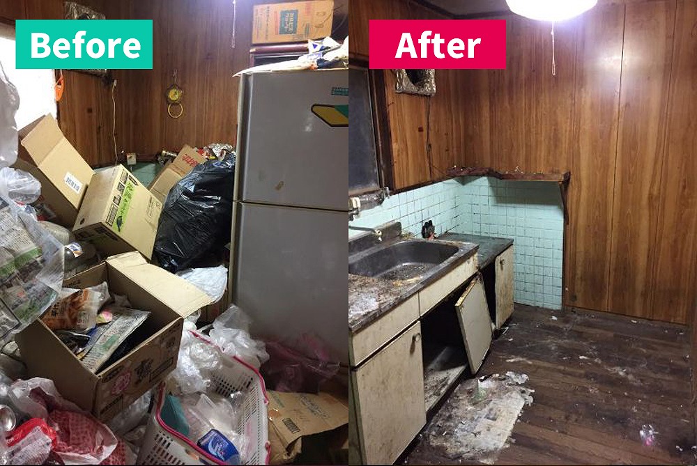 名古屋市中川区のゴミ屋敷状態のキッチン。段ボールや生活ゴミ、家電が床一面に積み上がっている作業前の室内。