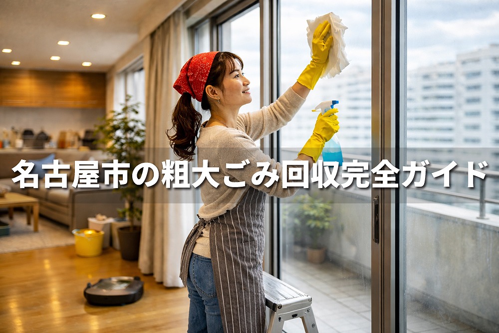 名古屋市の粗大ごみ回収ガイド。自宅の掃除をする女性が窓を拭いている様子