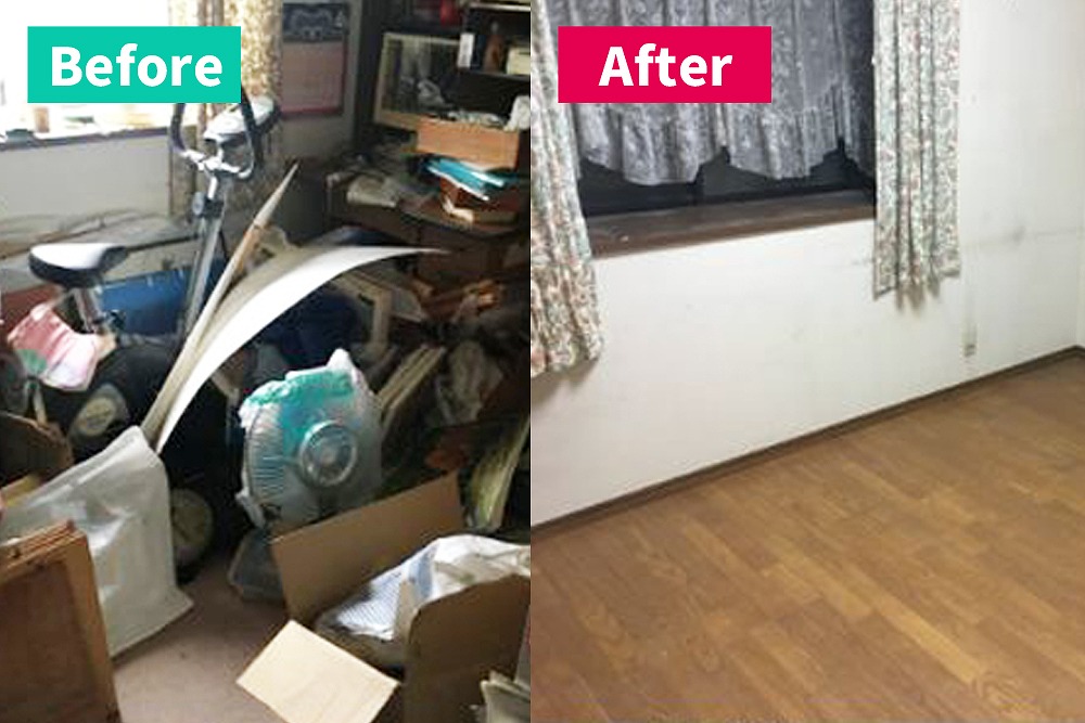 遺品整理前のマンション室内の様子。家具や生活用品が多く残り、不用品回収が必要な状態