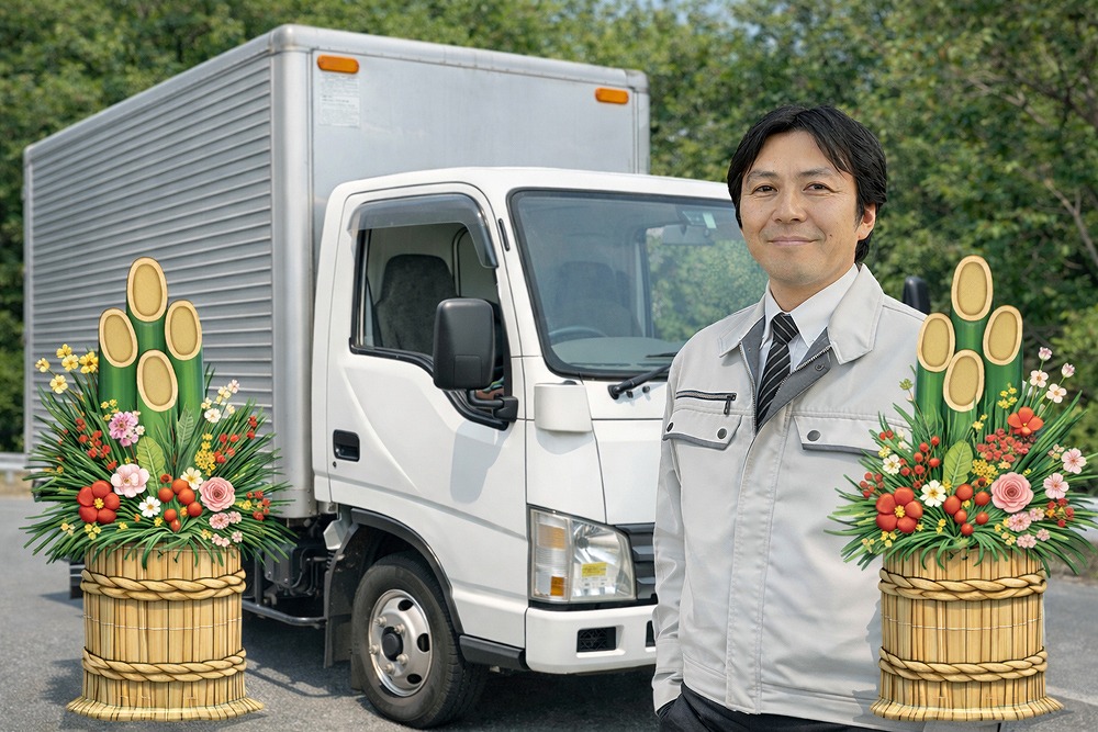 回収トラックの前に作業スタッフが立ち、左右に門松を配置した新年のご挨拶イメージ。不用品回収・片付け相談の受付を表現。
