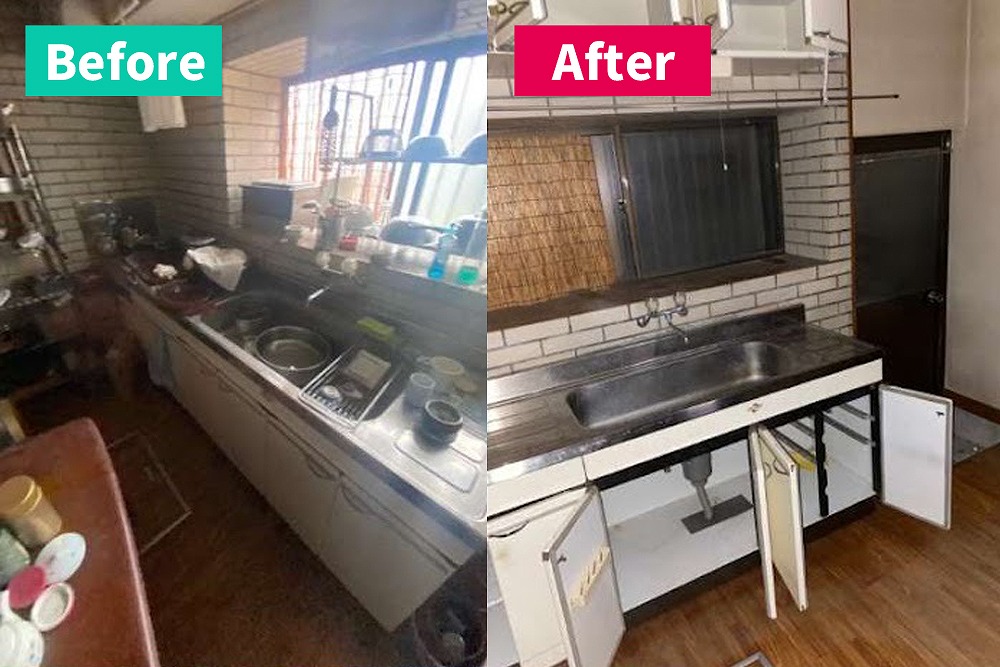 豊橋市で行った不用品回収・片付け作業のビフォーアフター。不要品を撤去し、キッチン周りをすっきりと整理・清掃した様子。