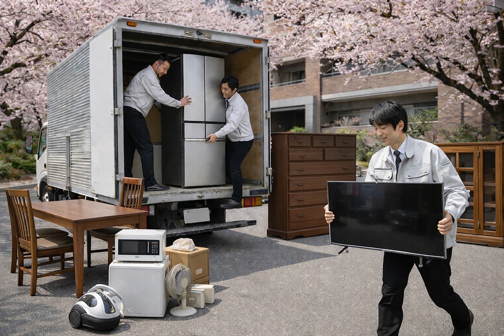 桜が咲く住宅街で、不用品回収スタッフ3人がトラックへ冷蔵庫や大型家具、テレビを運び込む様子