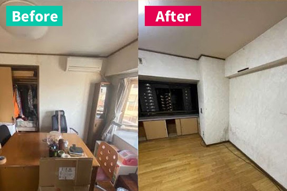 一宮市での引っ越しに伴う不用品回収のビフォーアフター写真。家具や家電が並ぶ部屋が、作業後にはすっきりと片付いた様子を比較しています。