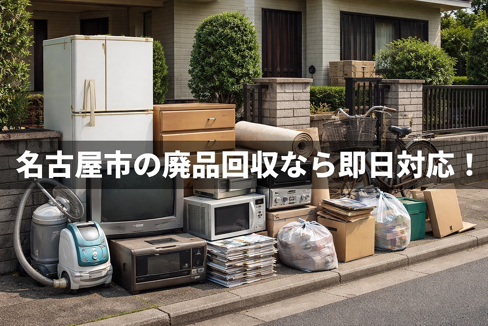 名古屋市の住宅前に並ぶ廃品や大型家電の写真。冷蔵庫・テレビ・電子レンジ・自転車などの不用品をまとめて回収する様子。