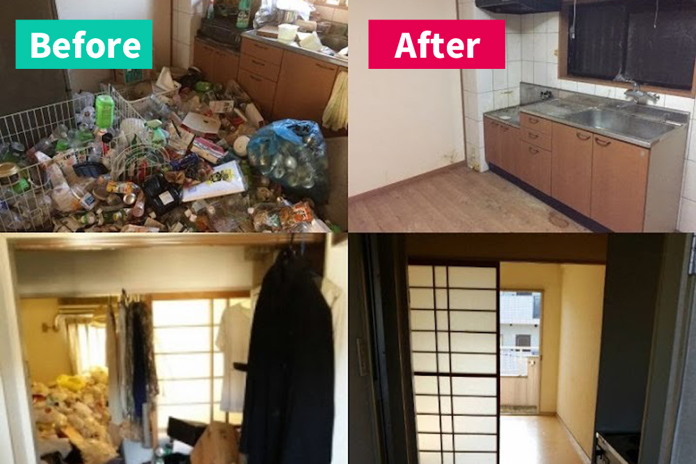 名古屋市瑞穂区のマンションで行ったゴミ屋敷片付けのビフォーアフター。不用品回収前後の変化が分かる比較画像