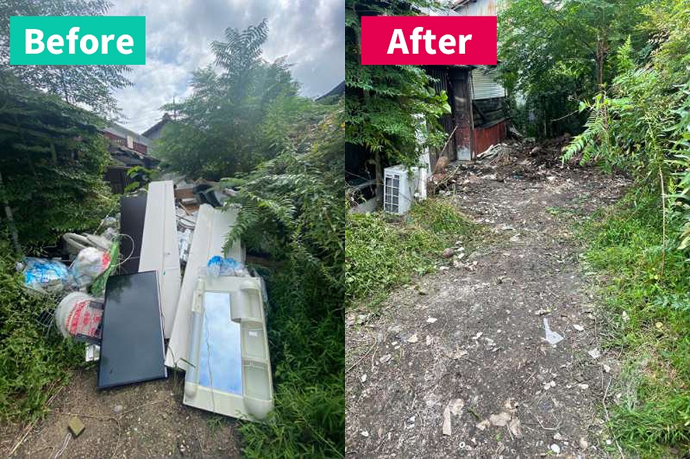 「岡崎市の不法投棄現場の不用品回収前と回収後の比較写真。回収前は家具や家電、雑貨が散乱している状態、回収後は通路がきれいに整備された様子