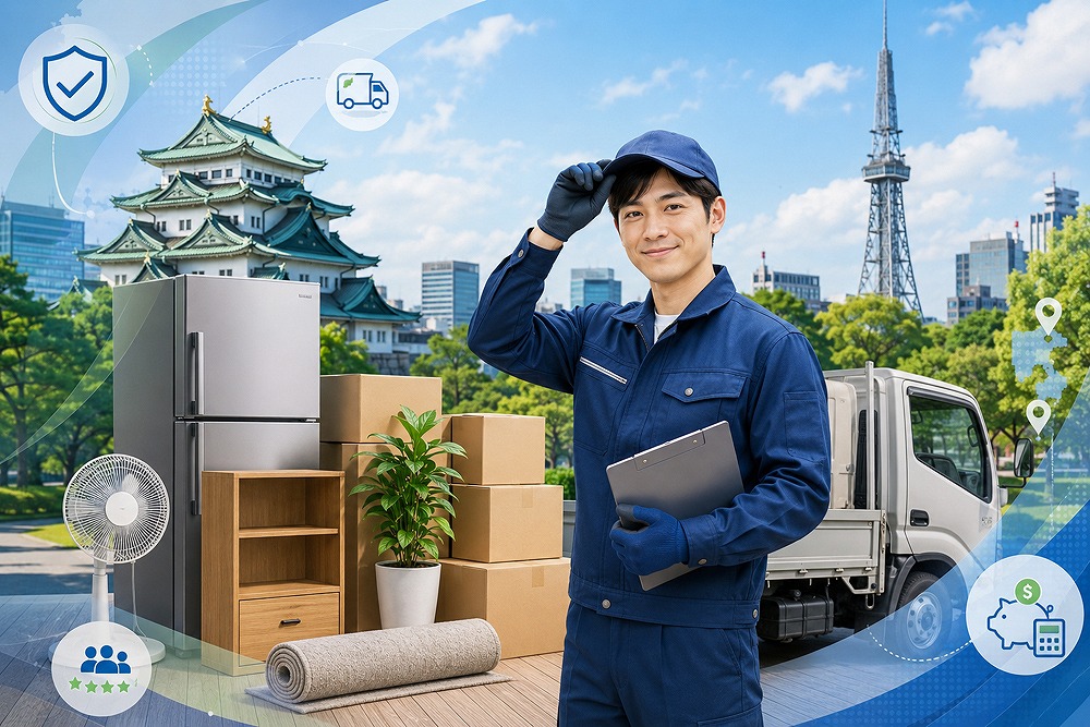 名古屋市で不用品回収に対応する作業員と冷蔵庫・家具・段ボールなどの不用品
