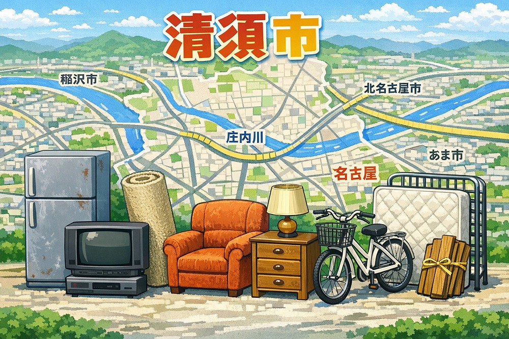 清須市周辺の地図と、粗大ごみとして出せる家具や自転車などのイラスト。名古屋市やあま市、稲沢市、北名古屋市が隣接している様子。