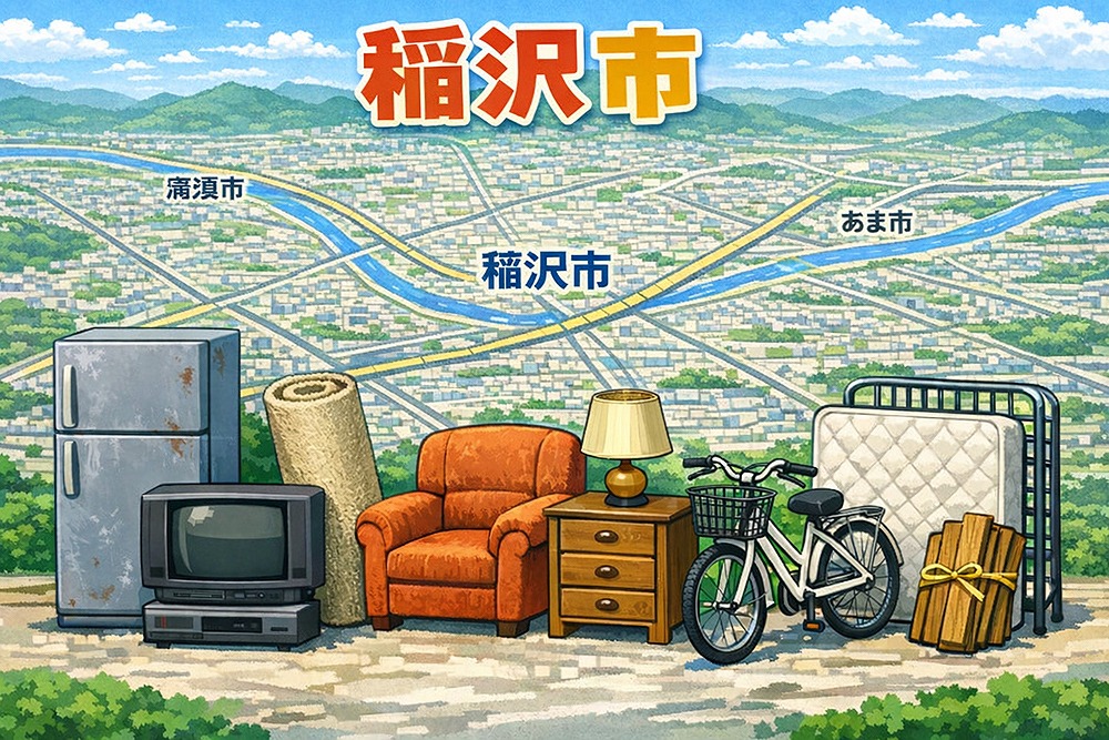 稲沢市の街並みを背景に、冷蔵庫やソファなどの不用品が並ぶ不用品回収イメージイラスト