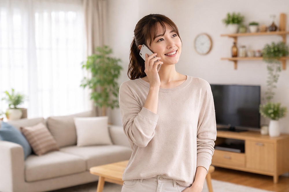自宅で不用品回収について電話相談をする女性のイメージ写真