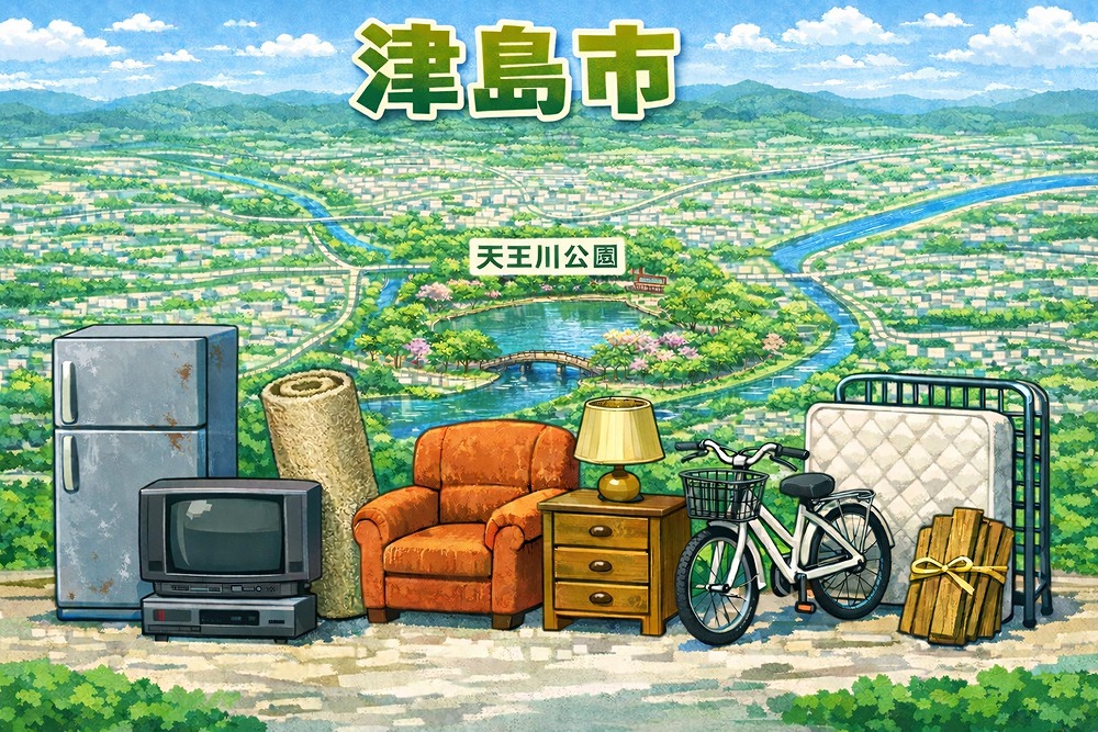 津島市の街並みを背景に、冷蔵庫やテレビ、ソファ、自転車、ベッドなどの不用品を並べたイラストイメージ