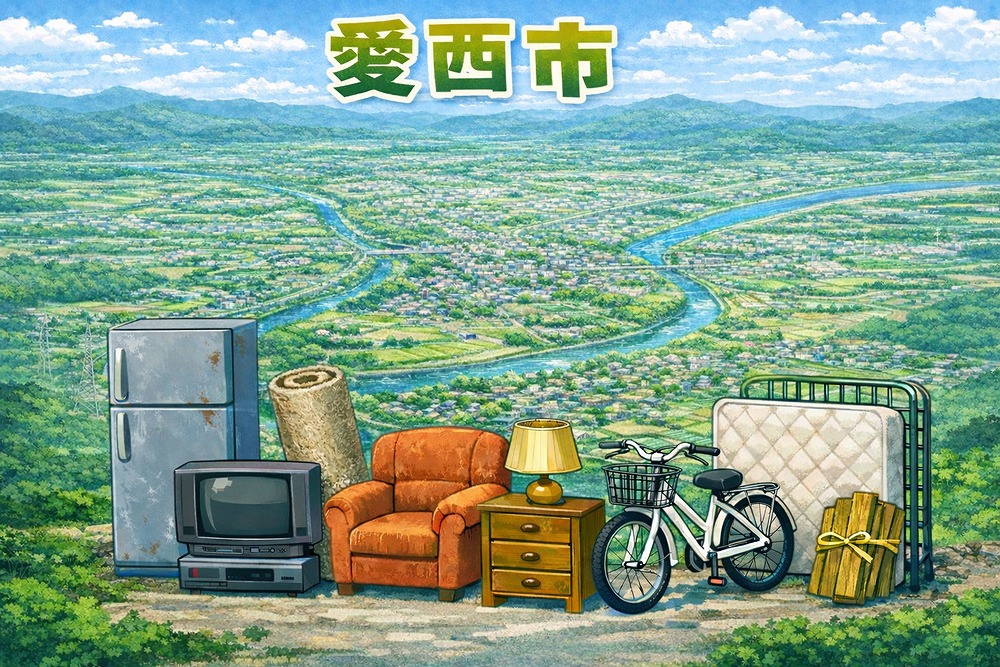 愛知県愛西市の街並みを背景に、冷蔵庫・テレビ・ソファなどの粗大ごみが並ぶイメージイラスト