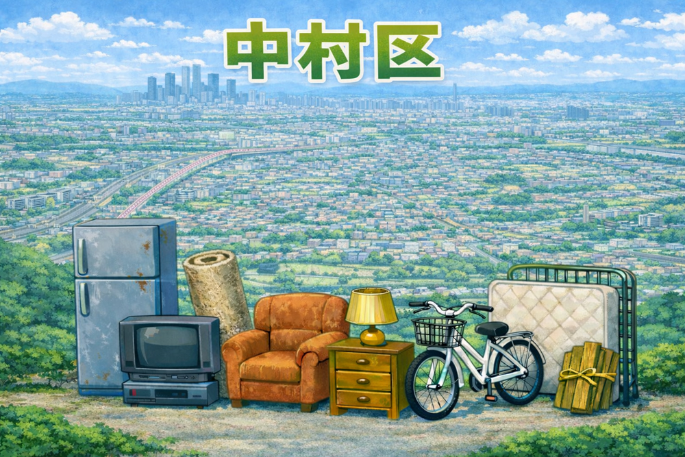 名古屋市中村区の街並みを背景に、冷蔵庫・テレビ・ソファ・自転車・マットレスなどの不用品が並んでいるイラスト