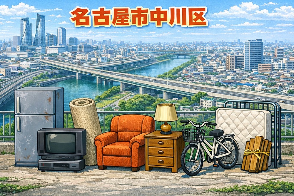 名古屋市中川区の街並みを背景に、冷蔵庫・テレビ・ソファ・自転車・マットレスなどの不用品が並んでいるイラスト