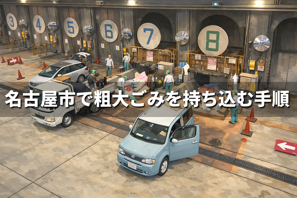 名古屋市で粗大ごみを持ち込む手順を解説するイメージ画像と自己搬入施設の様子