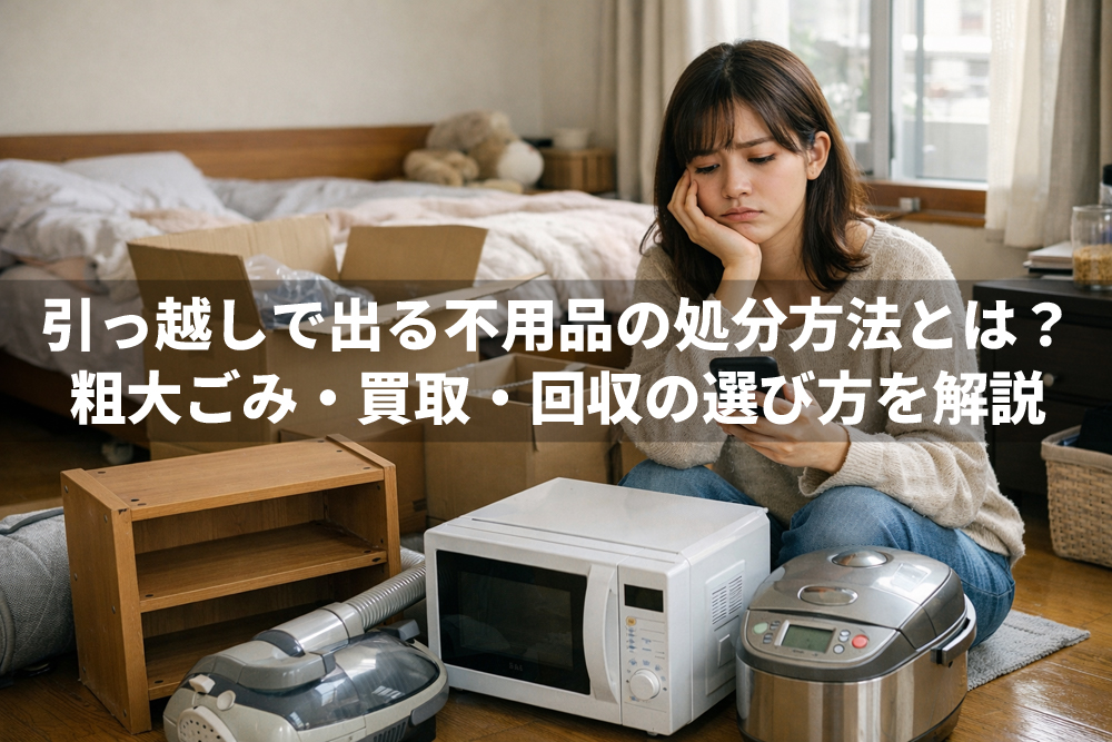 引っ越し準備中の学生寮の部屋で、段ボールや不要な棚、小型家電に囲まれながらスマホを見て粗大ごみの処分方法に悩む日本人女性大学生。昼間の自然光が入る生活感のある室内で困った表情をしている。