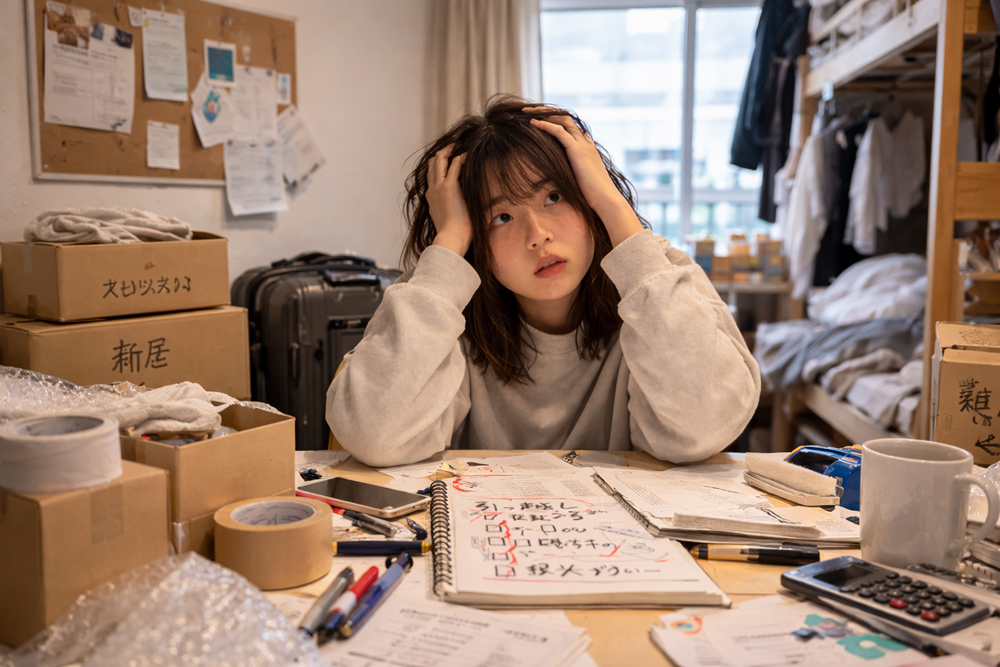 大学の寮の部屋で、引っ越し準備の荷物や書類に囲まれながら頭を抱えて悩んでいる大学生の女性