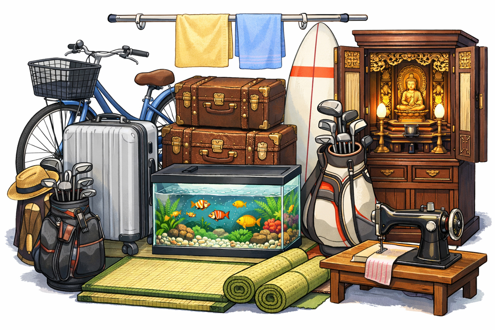 自転車やスーツケース、水槽、仏壇、ミシン、畳など家庭の不用品がまとめられた不用品回収イメージイラスト