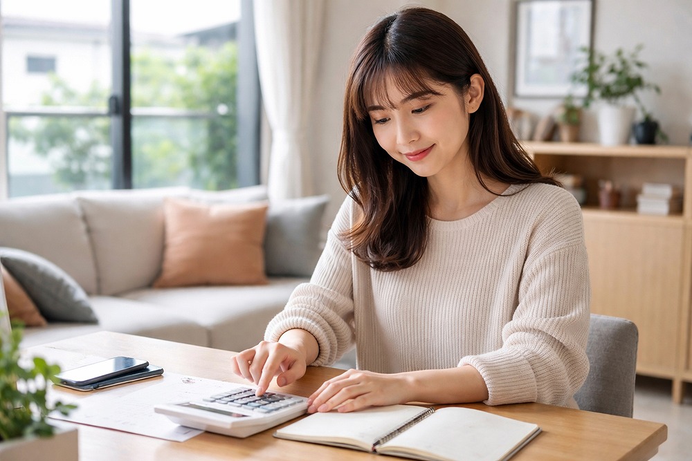 ノートを見ながら電卓で費用計算をする女性