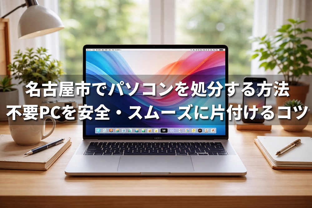 パソコン作業用のデスク環境。木製デスクの中央にノートパソコンが開かれており、画面にはカラフルな抽象壁紙が表示されている。周囲にはコーヒーカップ、ノート、ペン、スマートフォン、観葉植物が配置され、窓から自然光が入る明るいワークスペース。