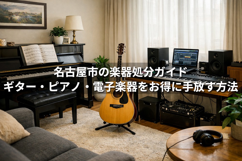 名古屋市の楽器処分を案内するバナー画像。室内にアップライトピアノ、アコースティックギター、電子キーボード、スピーカーやアンプなどの音楽機材が並び、中央に「名古屋市の楽器処分ガイド ギター・ピアノ・電子楽器をお得に手放す方法」と大きく表示されている。