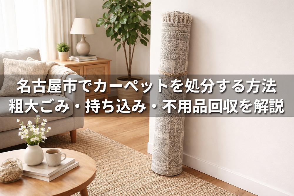 名古屋市でカーペットを処分する方法を解説したアイキャッチ画像。室内に丸めたカーペットが立てかけられている。