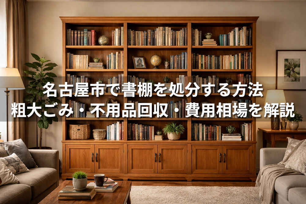 リビングに設置された大型の木製書棚と、「名古屋市で書棚を処分する方法 粗大ごみ・不用品回収・費用相場を解説」という文字が入ったアイキャッチ画像
