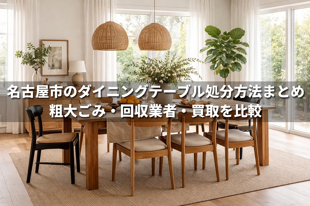 明るい木目調のダイニングルームに置かれた6人掛けのダイニングテーブルと椅子。画像中央に「名古屋市のダイニングテーブル処分方法まとめ 粗大ごみ・回収業者・買取を比較」という文字が重ねて表示されている。