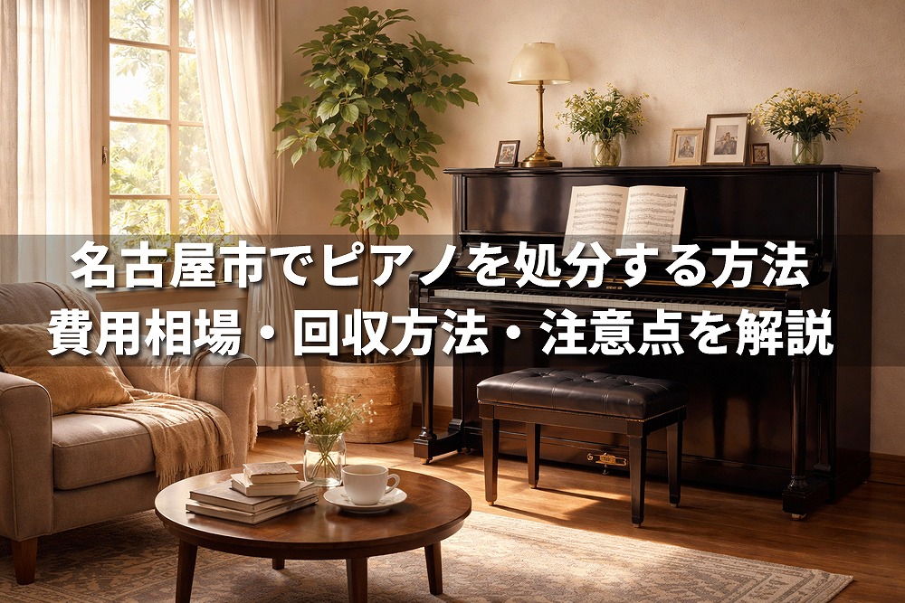 名古屋市でピアノを処分する方法を解説する記事のアイキャッチ画像。明るいリビングにアップライトピアノが置かれている