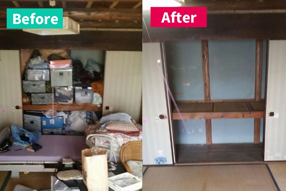 遺品整理前後の比較画像。押し入れ周辺に荷物や家具が多く残る和室と、不用品回収後に片付いた和室の様子