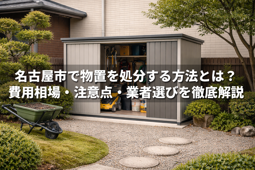 名古屋市の住宅庭に設置された物置の写真。物置の前面に「名古屋市で物置を処分する方法とは？費用相場・注意点・業者選びを徹底解説」という文字が大きく配置されている。