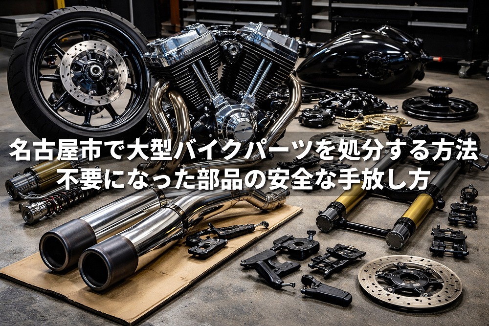 名古屋市で大型バイクパーツの処分方法を解説する記事のアイキャッチ画像。エンジン、マフラー、ホイール、サスペンションなどの大型バイク部品が並んでいる。