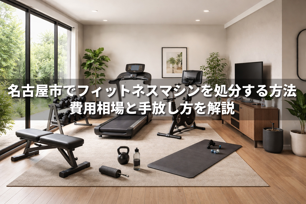 名古屋市でフィットネスマシン処分を解説するホームジムのイメージ画像。ルームランナーやエアロバイク、ベンチ、ダンベルが置かれた室内風景。