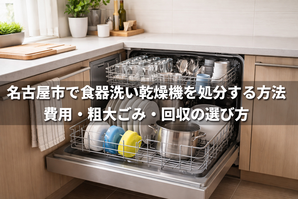 名古屋市で食器洗い乾燥機を処分する方法を解説する記事のアイキャッチ画像。キッチンに設置されたビルトイン型食器洗い乾燥機が開いた状態で、費用・粗大ごみ・回収の選び方という文字が入っている。