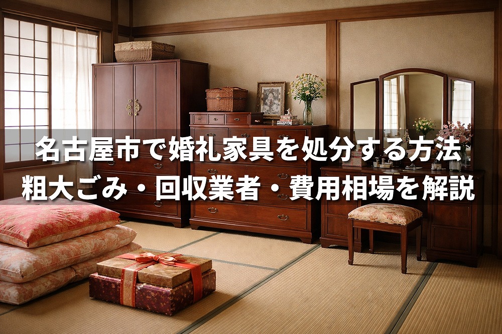 名古屋市で婚礼家具を処分する方法を解説するアイキャッチ画像。和室に婚礼タンスや鏡台が並び、粗大ごみ・回収業者・費用相場について紹介している。