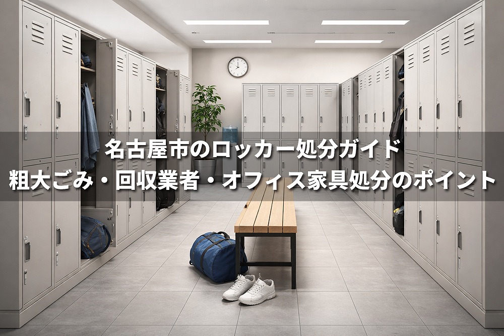 名古屋市のロッカー処分ガイドのアイキャッチ画像。更衣室に並ぶ複数のスチールロッカーとベンチが写り、粗大ごみ・回収業者・オフィス家具処分のポイントを紹介する記事タイトルが重ねられている。