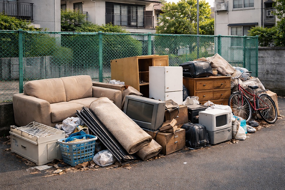 道路脇に粗大ごみや不用品が大量に置かれている様子。ソファ、タンス、テレビ、自転車、袋ごみなどが並んでいる