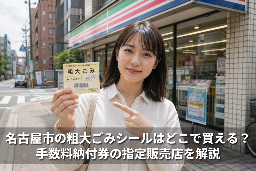 名古屋市のコンビニ前で、女性が粗大ごみシールを手に持って紹介している様子。手数料納付券の指定販売店を解説する記事のアイキャッチ画像。