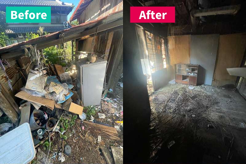 名古屋市守山区の古い古民家で、納屋に残された不用品や残置物を回収・片付けしたビフォーアフター写真
