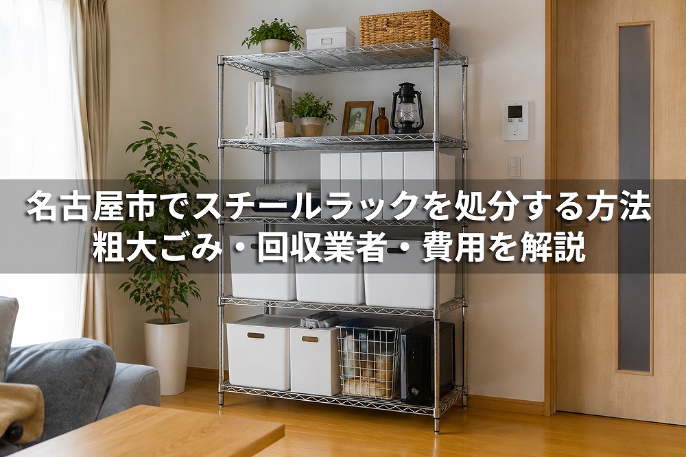 名古屋市でスチールラックを処分する方法を解説するアイキャッチ画像。室内に設置されたスチールラックと、粗大ごみ・回収業者・費用の案内テキストが表示されている。