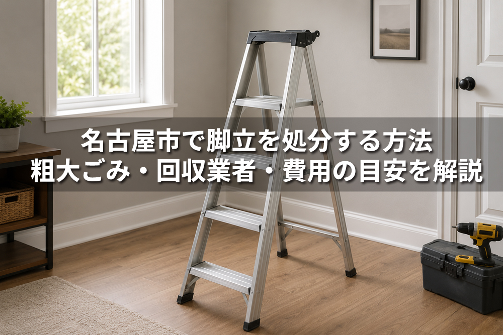 名古屋市で脚立を処分する方法を解説する記事のアイキャッチ画像。室内に置かれたアルミ製脚立と「粗大ごみ・回収業者・費用の目安を解説」の文字が入っている。