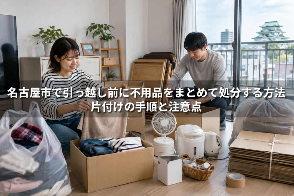 名古屋市で引っ越し前に不用品をまとめて処分するため、家具や家電、衣類を整理している室内の様子